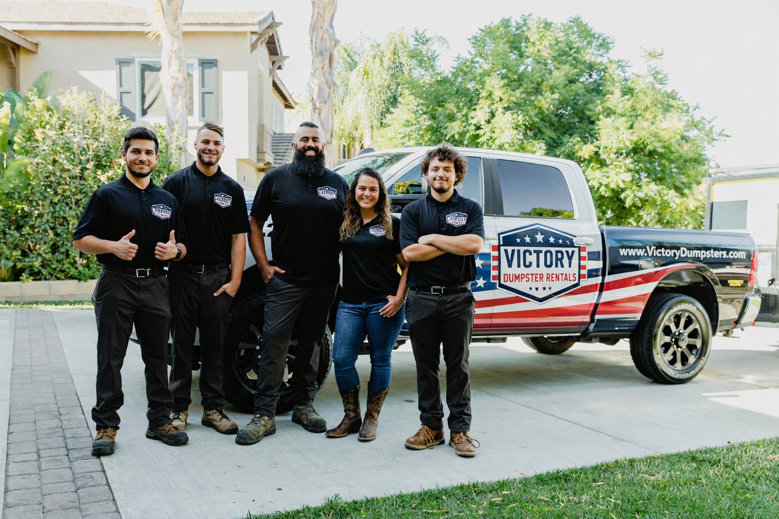 Victory Dumpster Rentals team and branded truck serving Temecula Valley and Riverside County, CA
